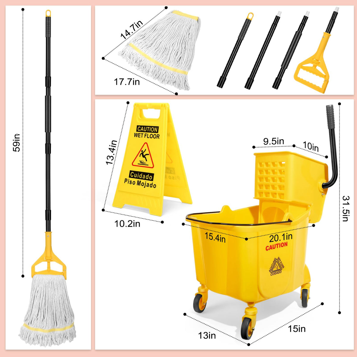35 Qt Mop Bucket with Side Press Wringer on Wheels L934