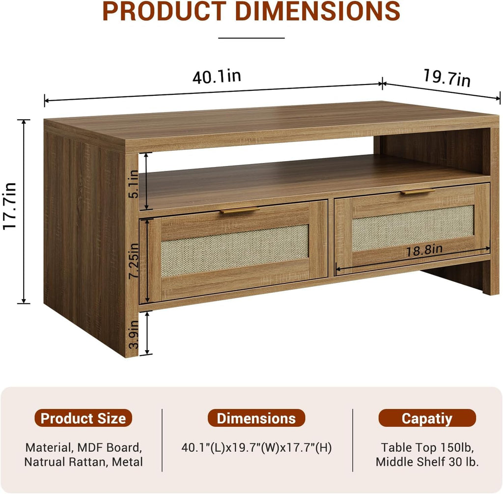 40” Boho Rattan Coffee Table with Storage O4196