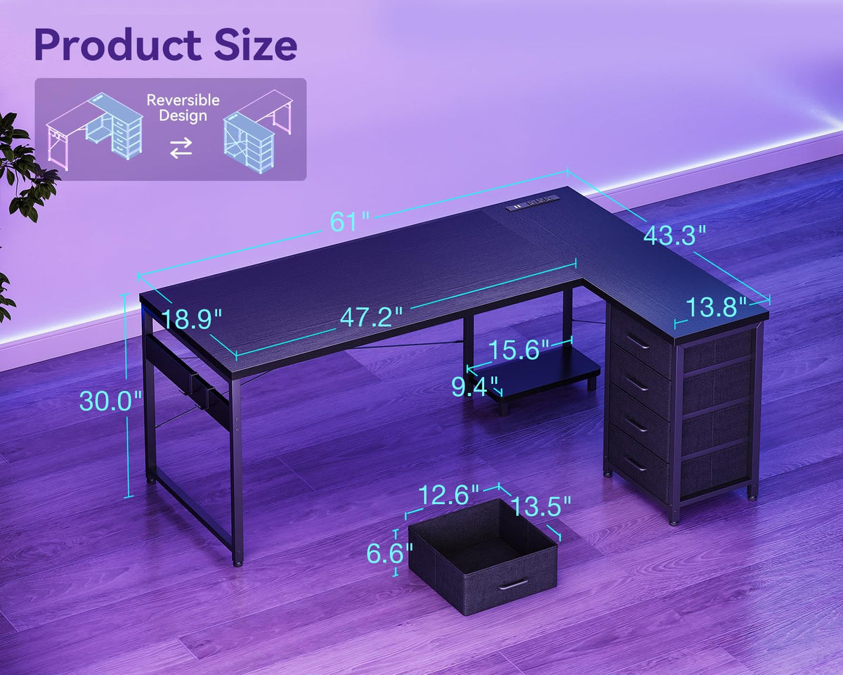 61" L Shaped Gaming Desk with 4 Drawers and Power Outlets, Black N64114