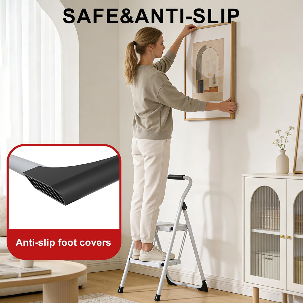 2 Step Ladder Lightweight Folding Step Stool with Handrail White H692426