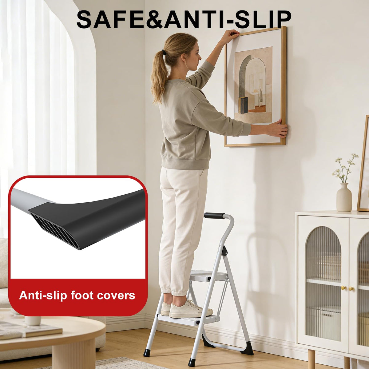 2 Step Ladder Lightweight Folding Step Stool with Handrail White H692426