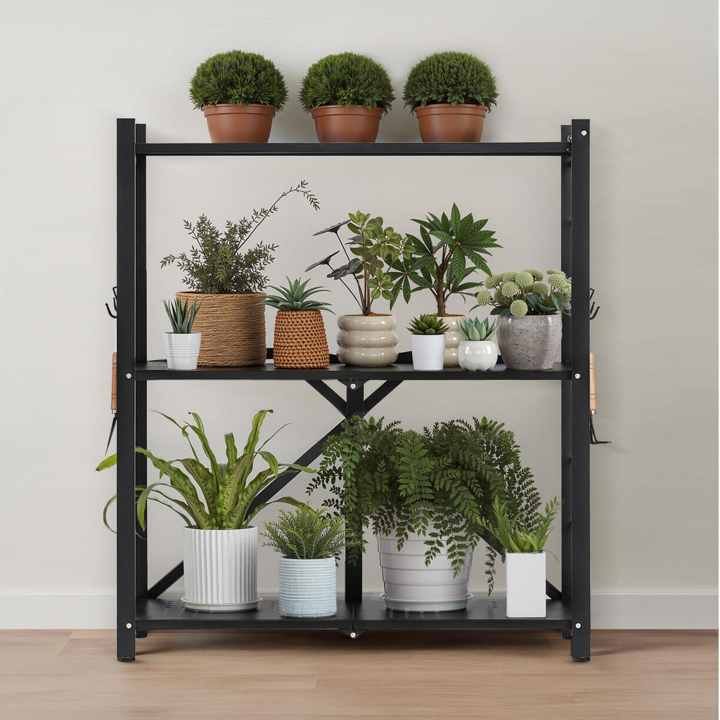 3-Tier Foldable Metal Storage Shelf with Wheels and Hooks, Black L42681