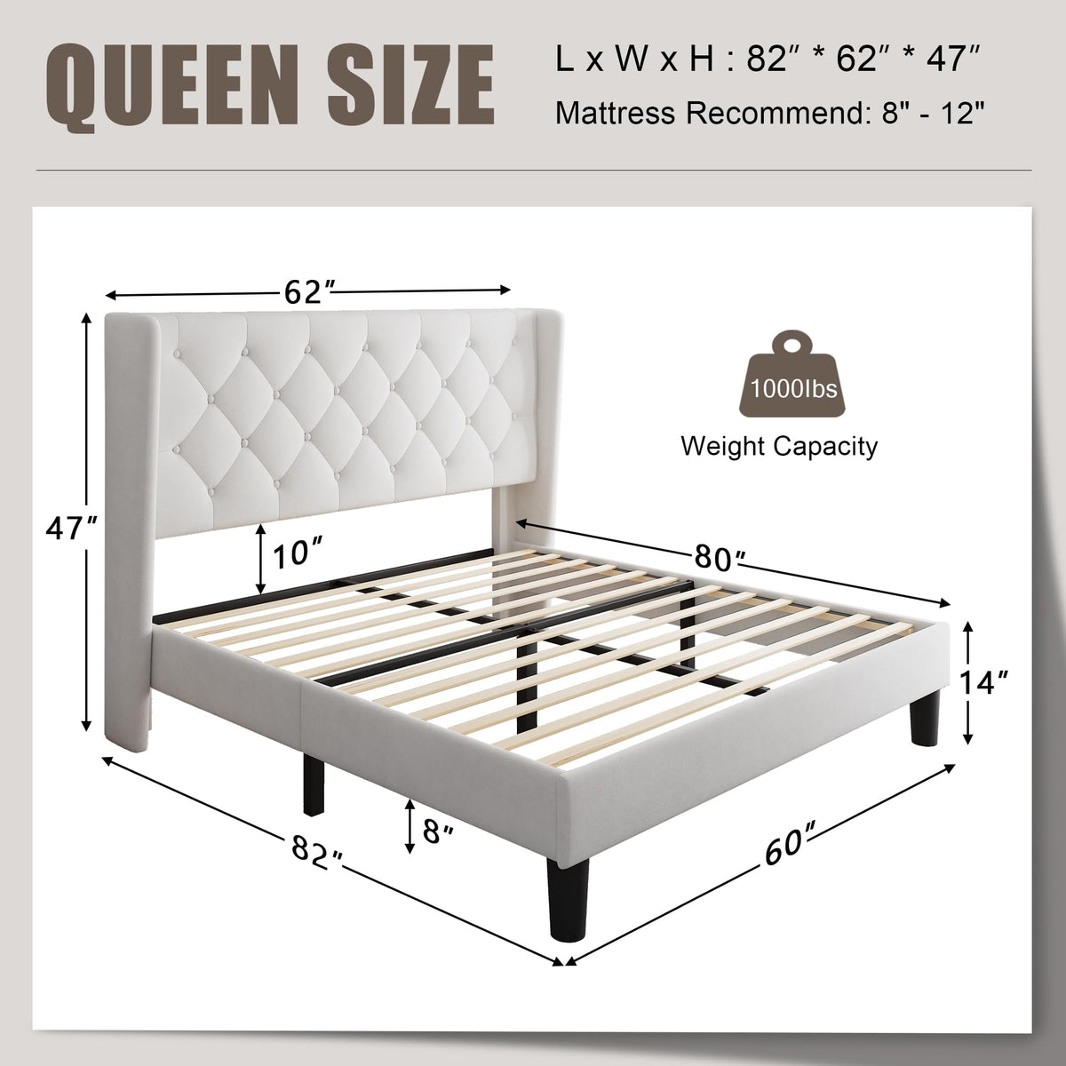 Queen Size Velvet Upholstered Platform Bed Frame with Wingback Headboard Y477