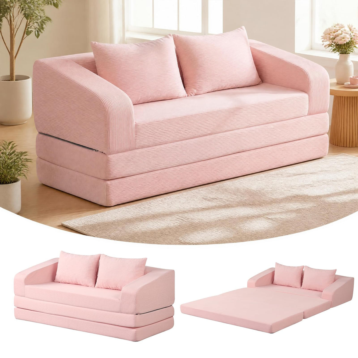 61" Pink Convertible Futon Sofa Bed F34655