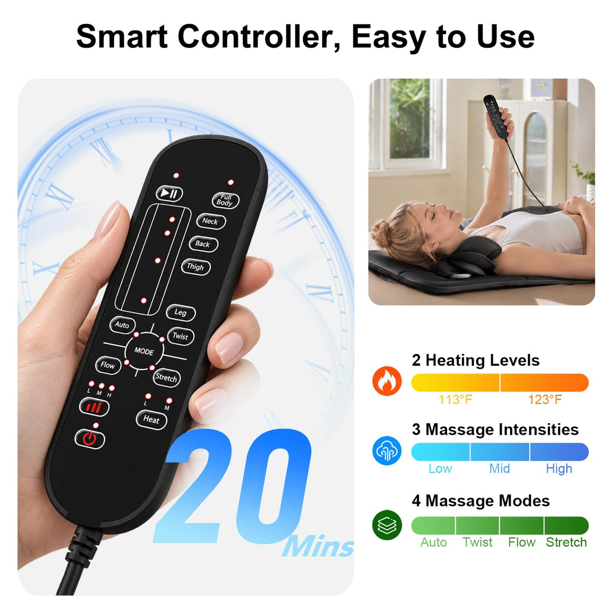 Full Body Massage Mat with Heat, 3D Stretching Back Massager Pad, 4 Modes 3 Intensities 3 Heat Levels, Portable Foldable PU Leather X5531