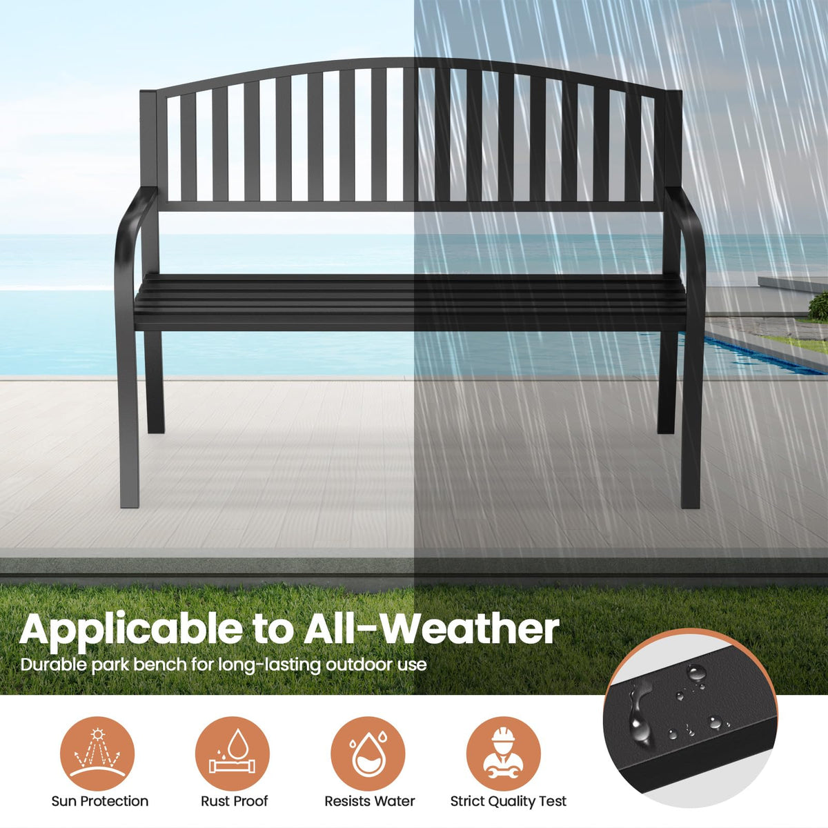 Black Wrought Iron Garden Bench with Armrests G583737