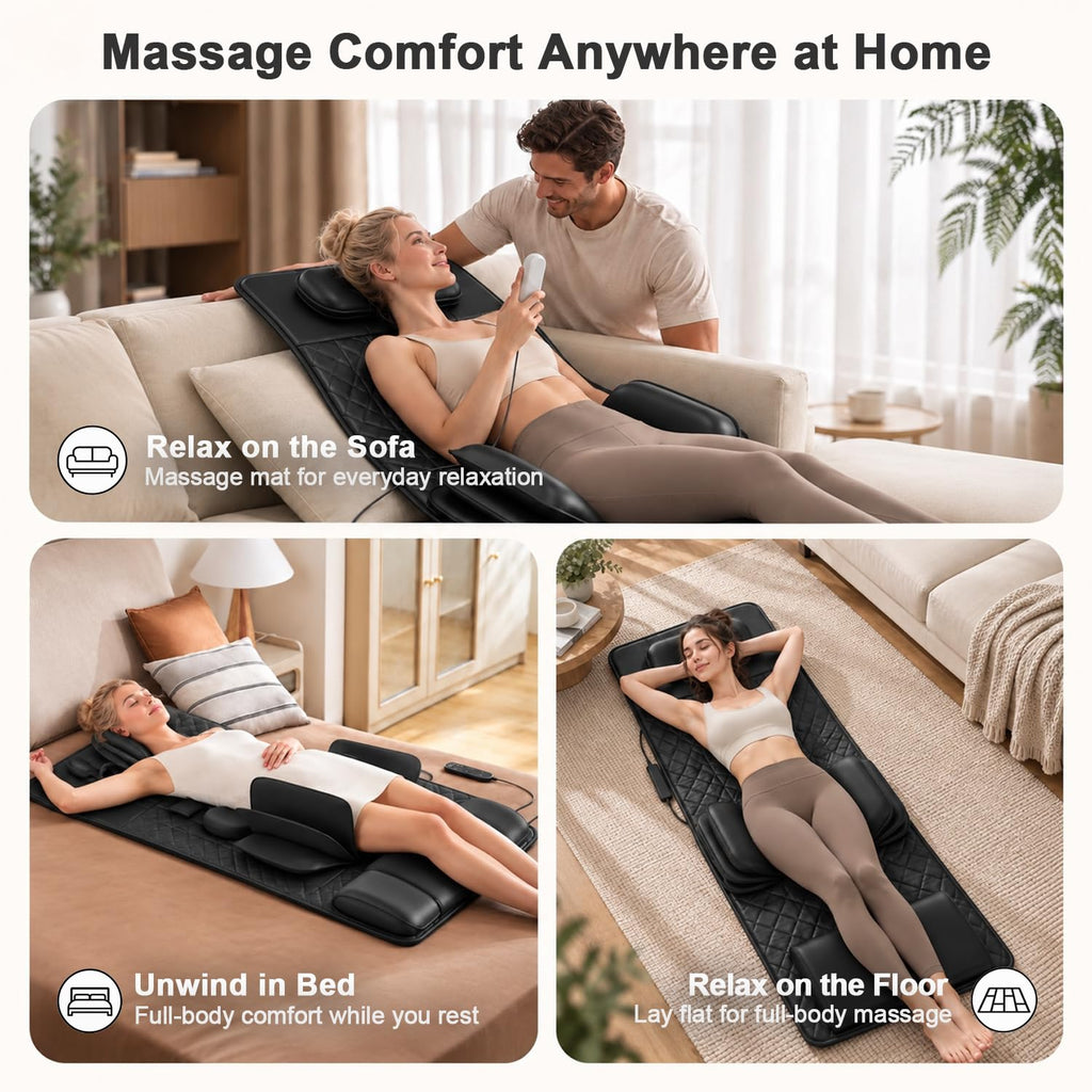 Full Body Massage Mat with Heat, 3D Stretching Back Massager Pad, 4 Modes 3 Intensities 3 Heat Levels, Portable Foldable PU Leather X5531
