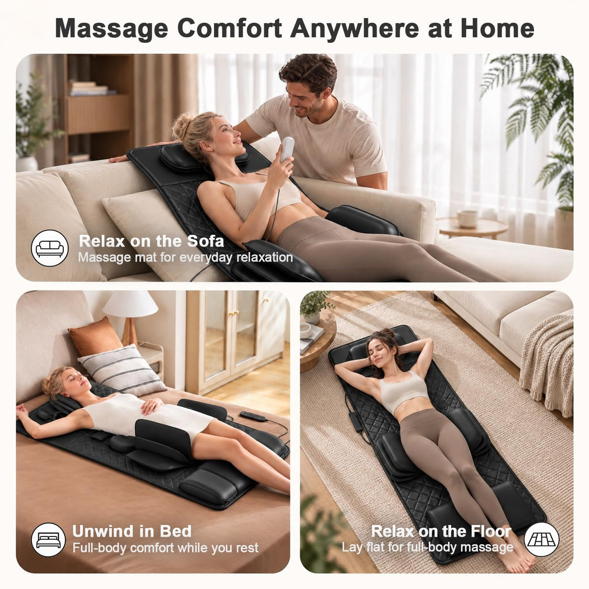 Full Body Massage Mat with Heat, 3D Stretching Back Massager Pad, 4 Modes 3 Intensities 3 Heat Levels, Portable Foldable PU Leather X5531