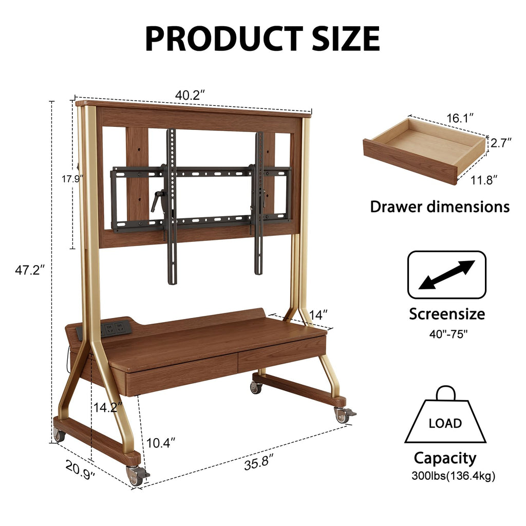 Rolling TV Stand with Wheels for 40-75" TVs, Height Adjustable, 2 Drawers O1707