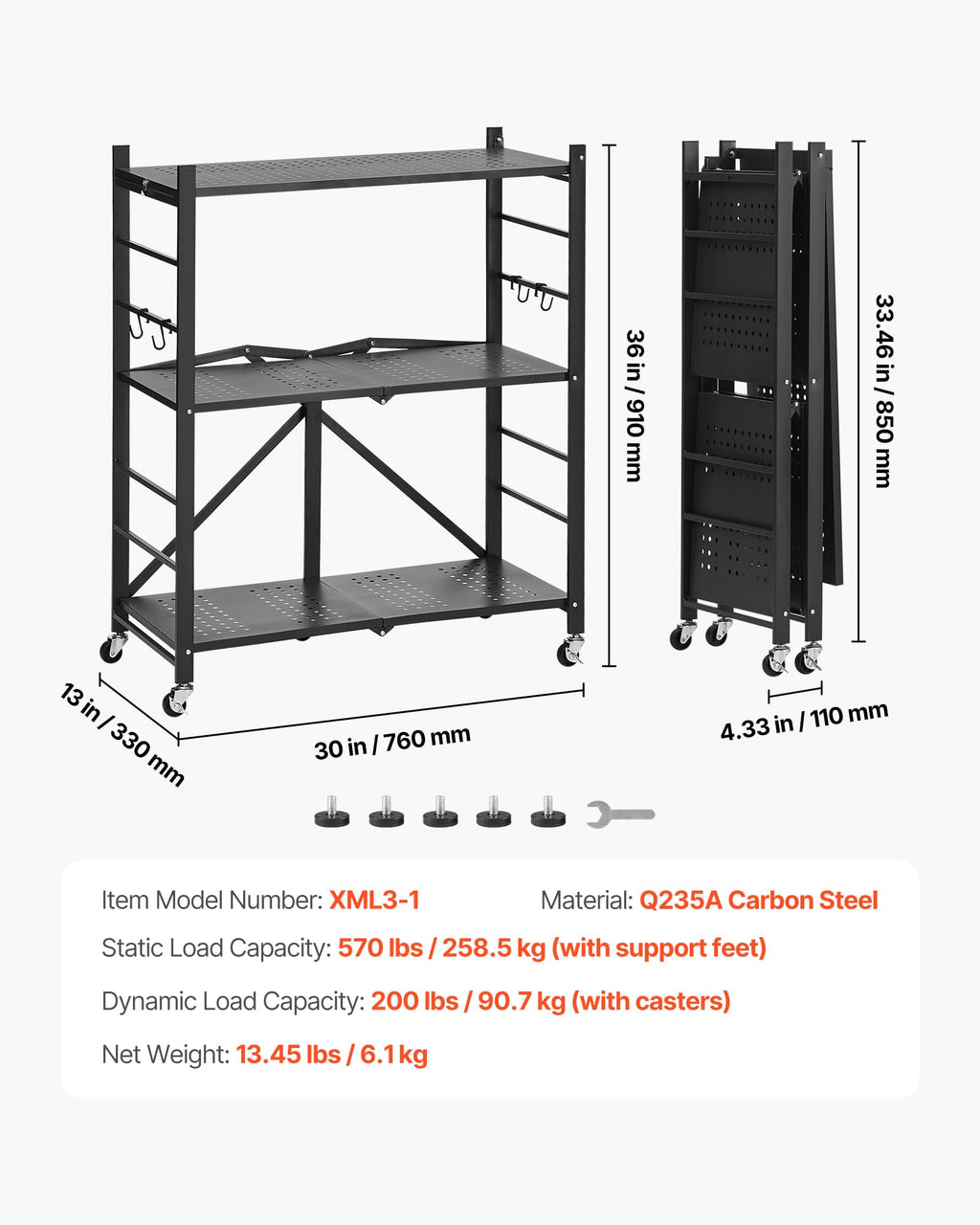 3-Tier Foldable Metal Storage Shelf with Wheels and Hooks, Black L42681