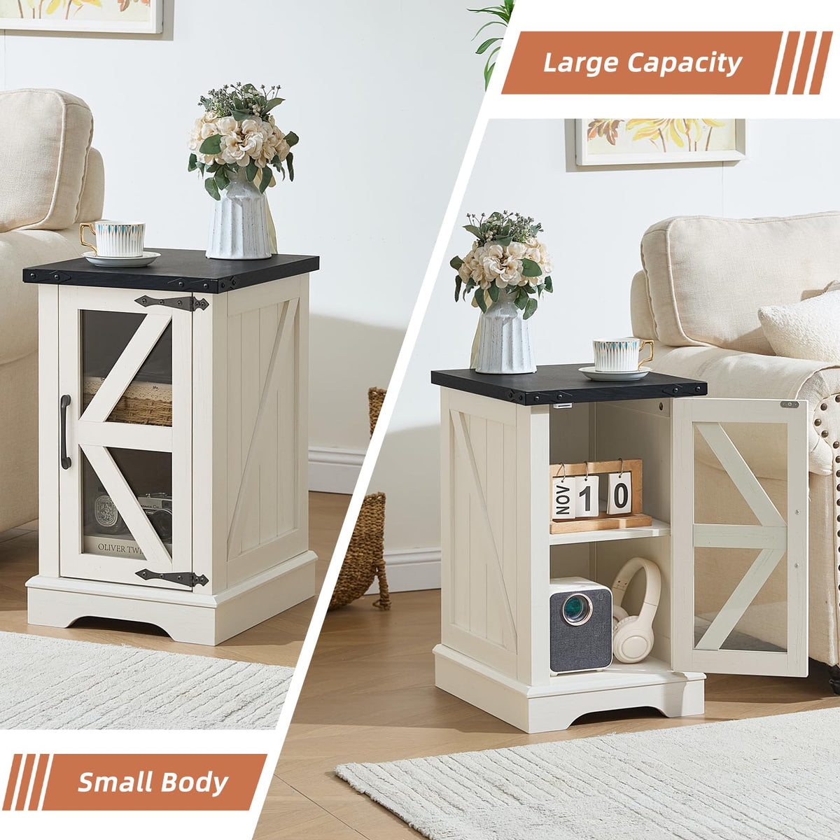 Narrow Night Stand with Glass Barn Door A99981