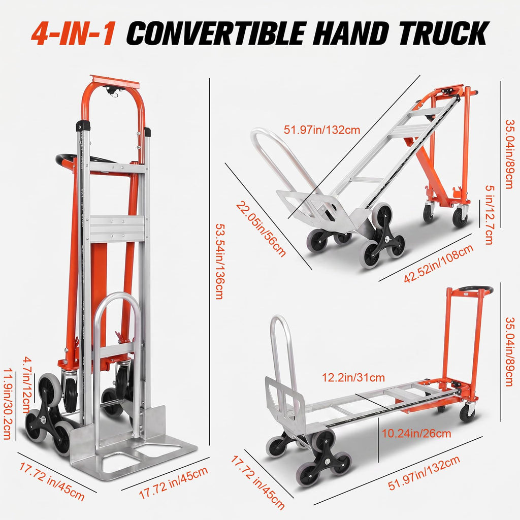 4-in-1 Convertible Stair Climbing Hand Truck, 1000LBS Heavy Duty Folding Aluminum Dolly Cart with Wheels & Handle T8989