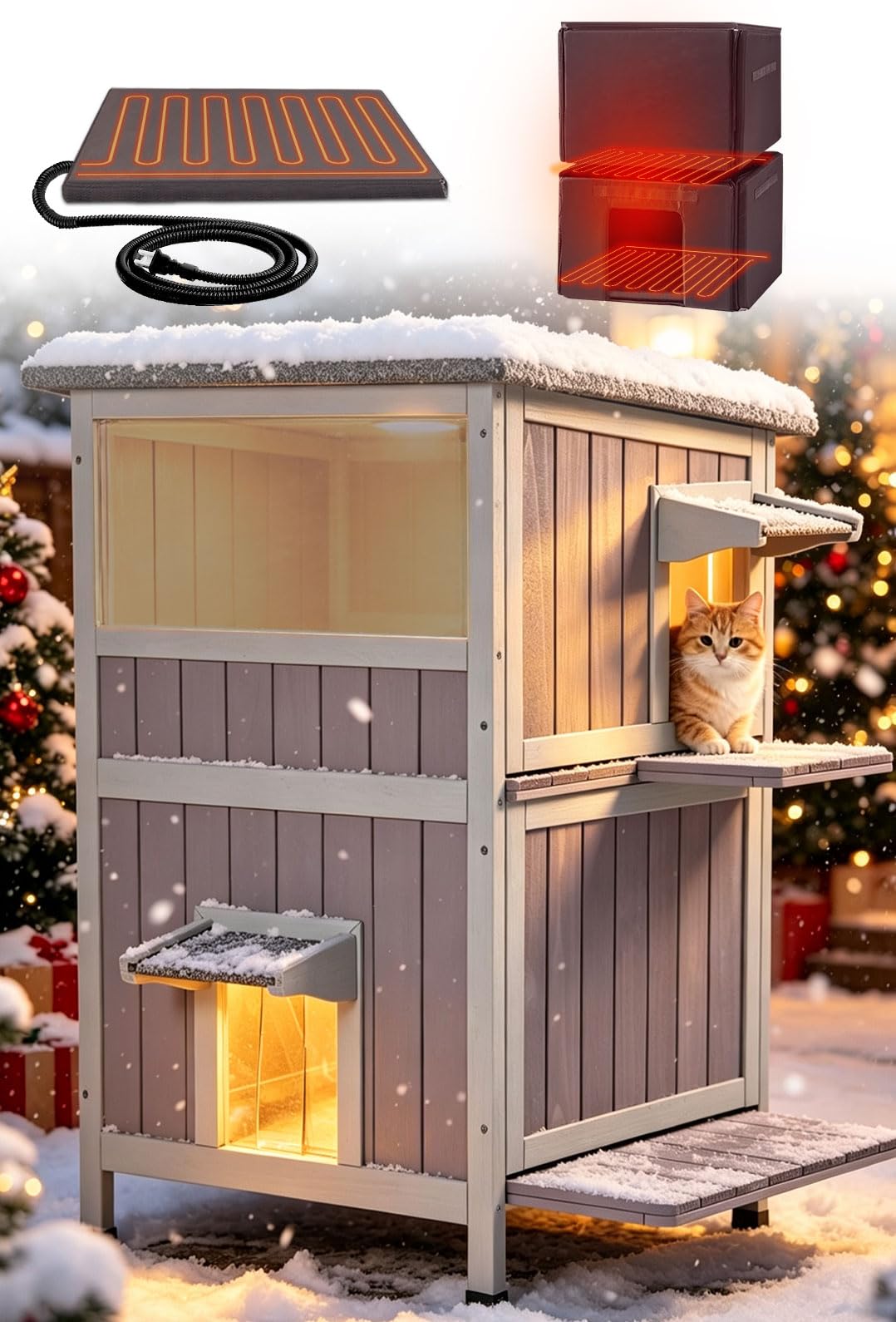 Heated 2-Story Solid Wood Cat House A592678