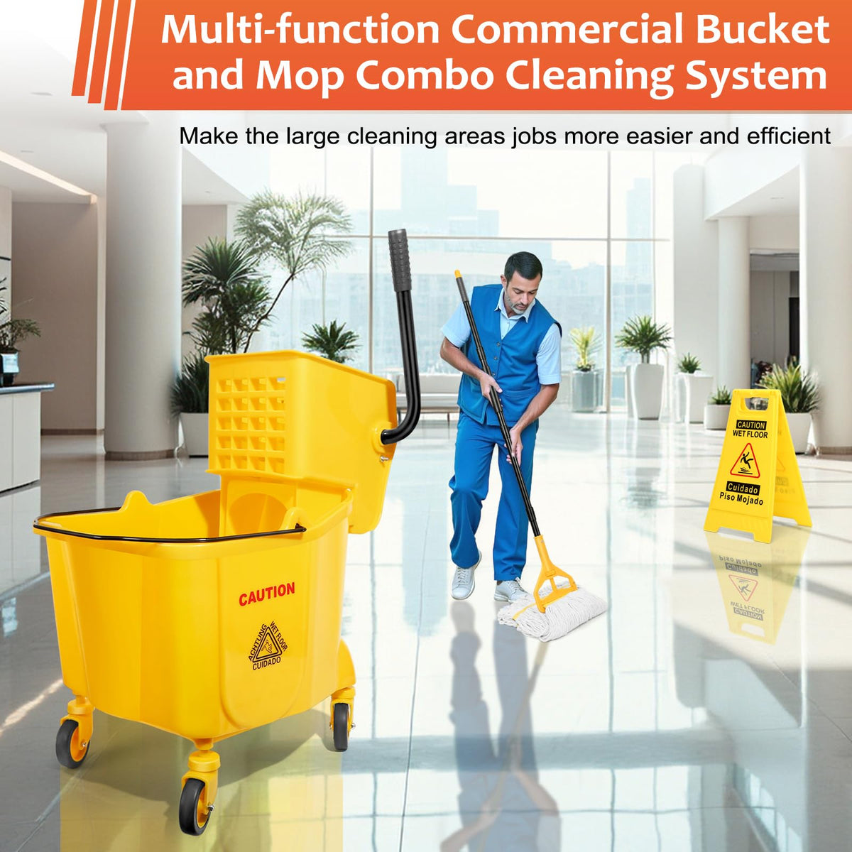 35 Qt Mop Bucket with Side Press Wringer on Wheels L934