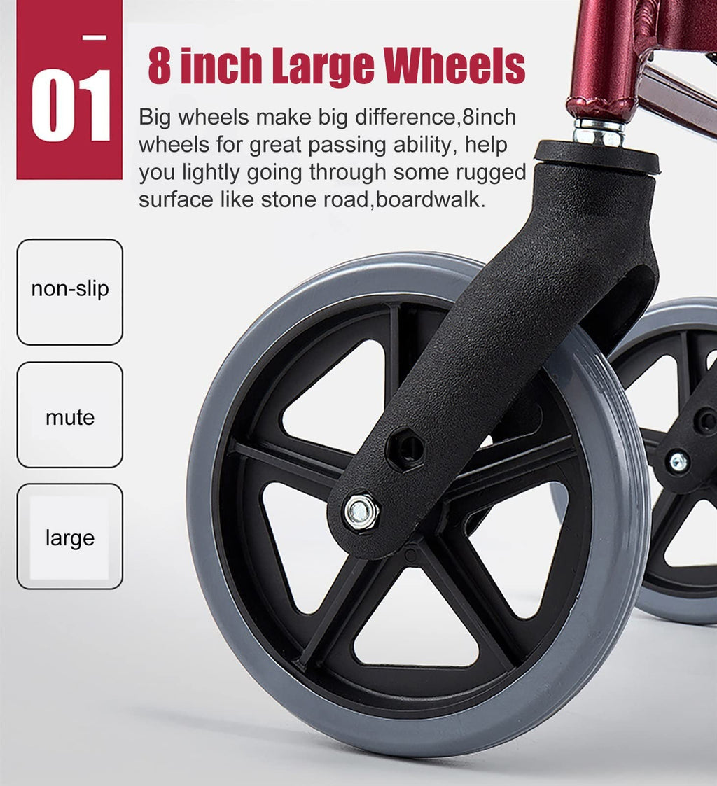 Foldable Rollator Walker with Leather Seat, 8inch Wheels, Brakes and Footrest H506