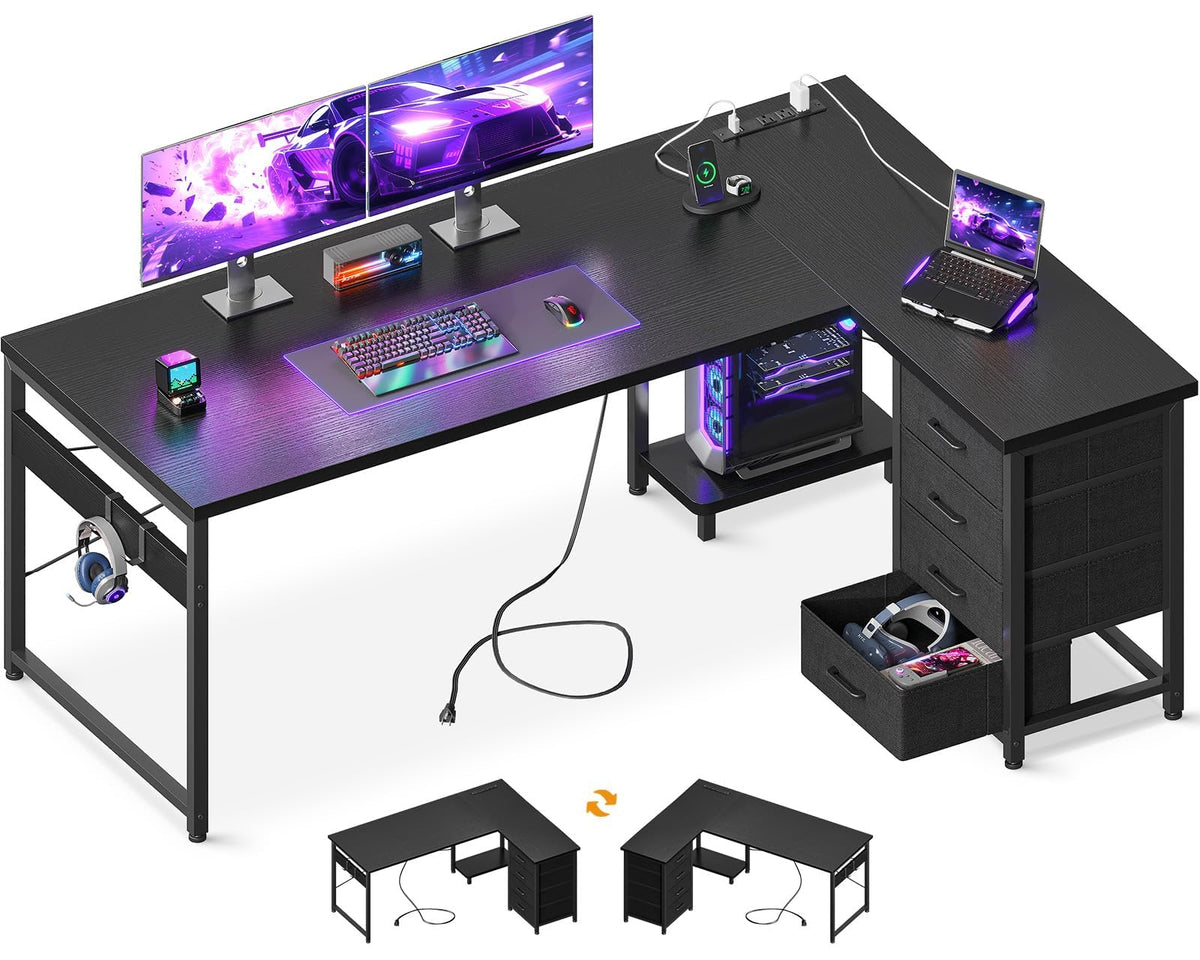 61" L Shaped Gaming Desk with 4 Drawers and Power Outlets, Black N64114