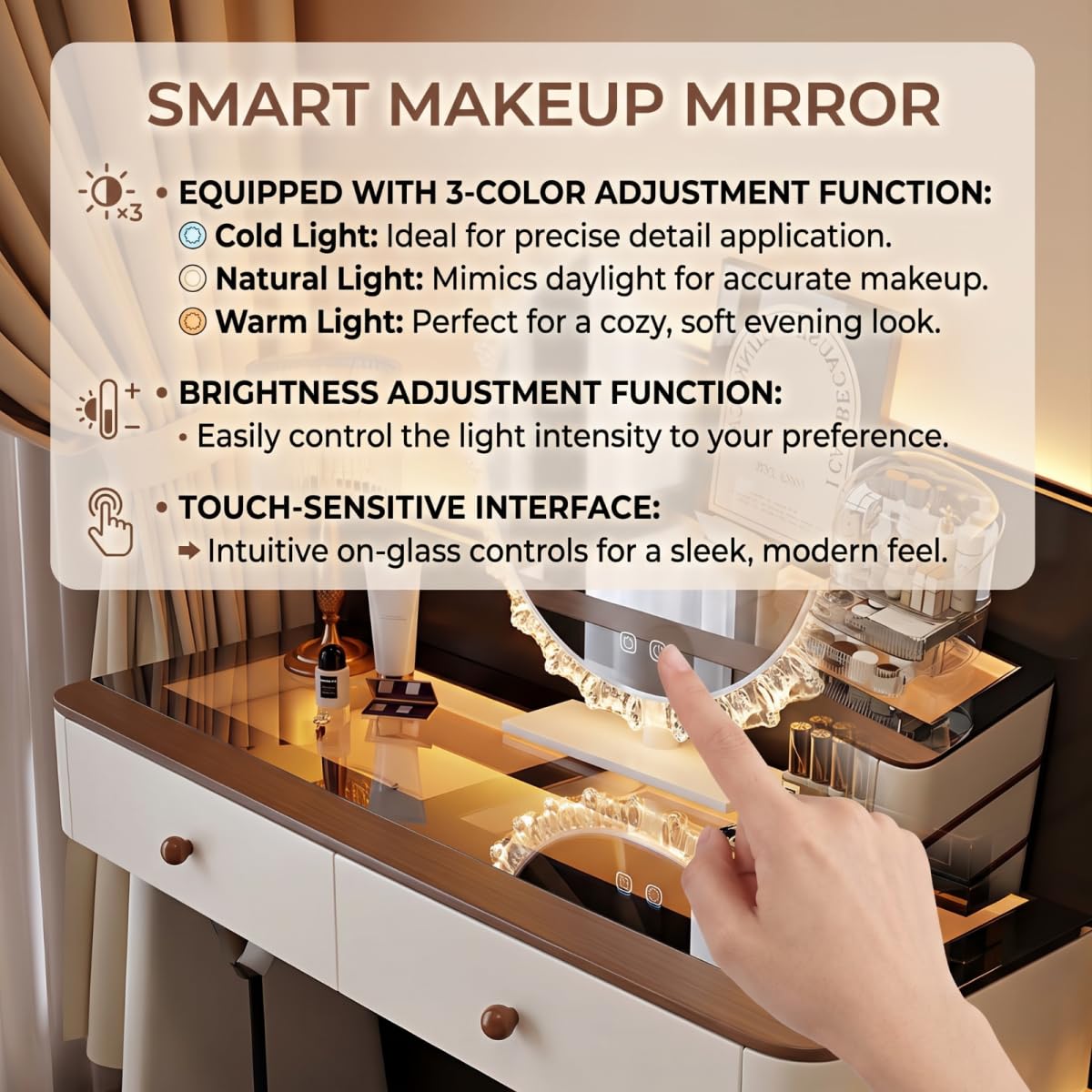 Leather Makeup Vanity with Tempered Glass Top & LED Light C888676