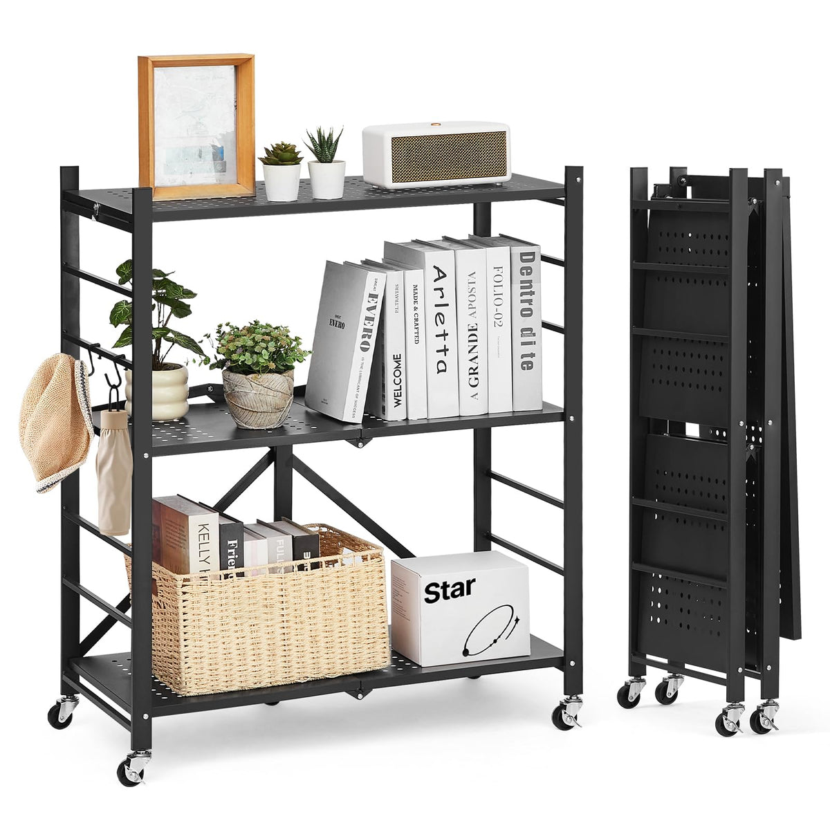 3-Tier Foldable Metal Storage Shelf with Wheels and Hooks, Black L42681