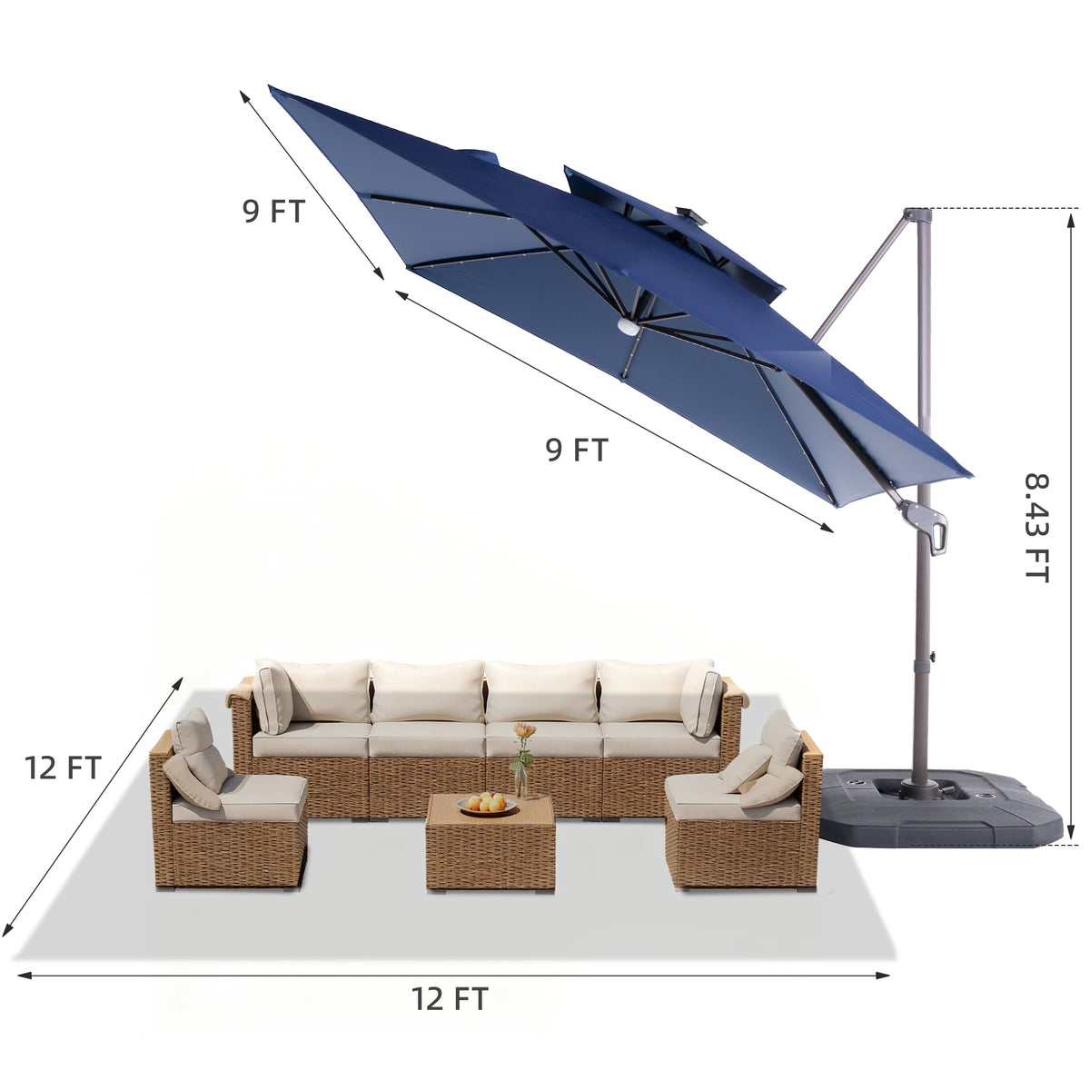 9x9 FT Cantilever Offset Patio Umbrella with Lights & Base O612955
