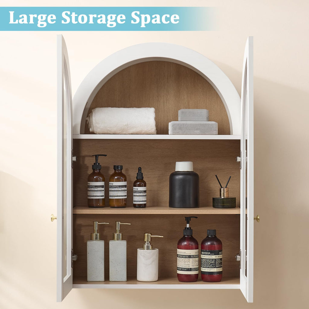 White Arched Wall Mount Bathroom Cabinet with Glass Doors V364