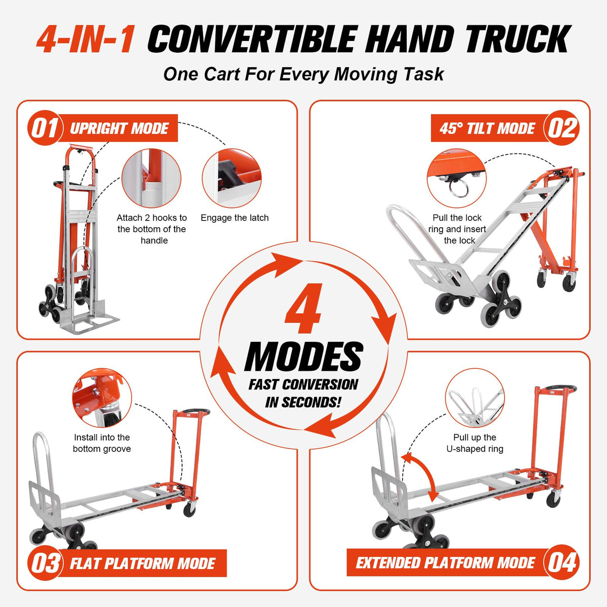 4-in-1 Convertible Stair Climbing Hand Truck, 1000LBS Heavy Duty Folding Aluminum Dolly Cart with Wheels & Handle T8989