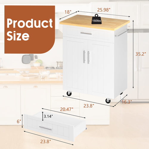 26" Rolling Kitchen Island Cart with Drawer, Shelves, Towel Rack, Lockable Casters, White G925117