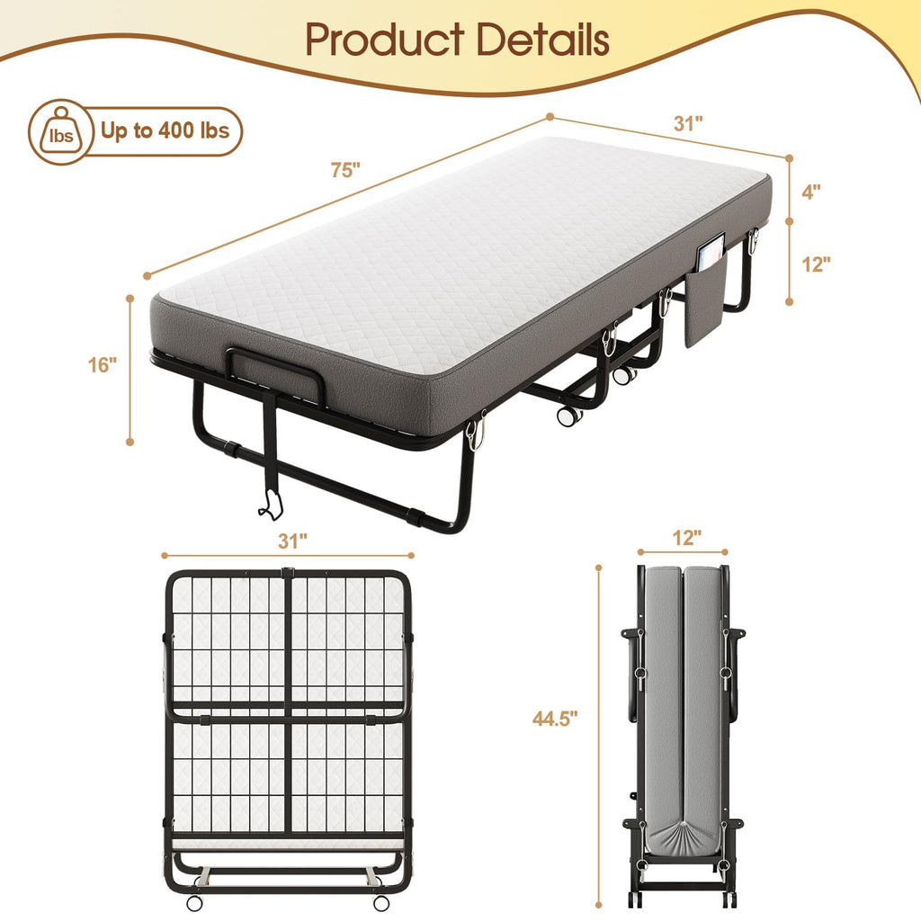 Folding Bed with Mattress, Memory Mattress Metal Frame Single Bed C9202