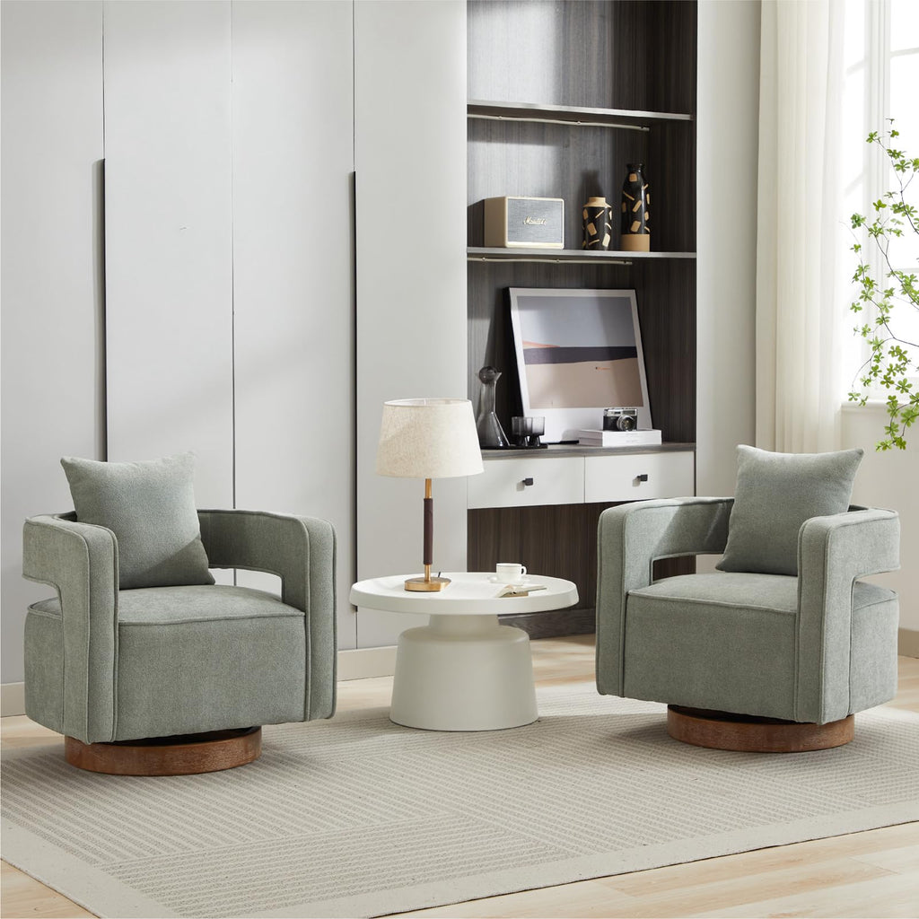 Green Linen Swivel Accent Barrel Chair Set of 2 with Solid Wood Base Q7134