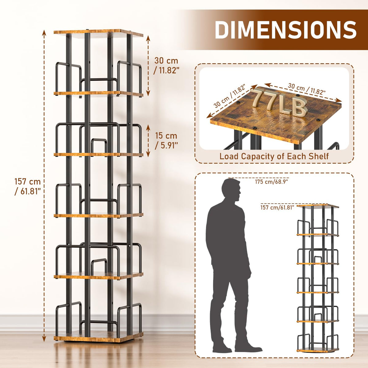 5-Tier Rotating Bookshelf with Metal Guardrails W30197