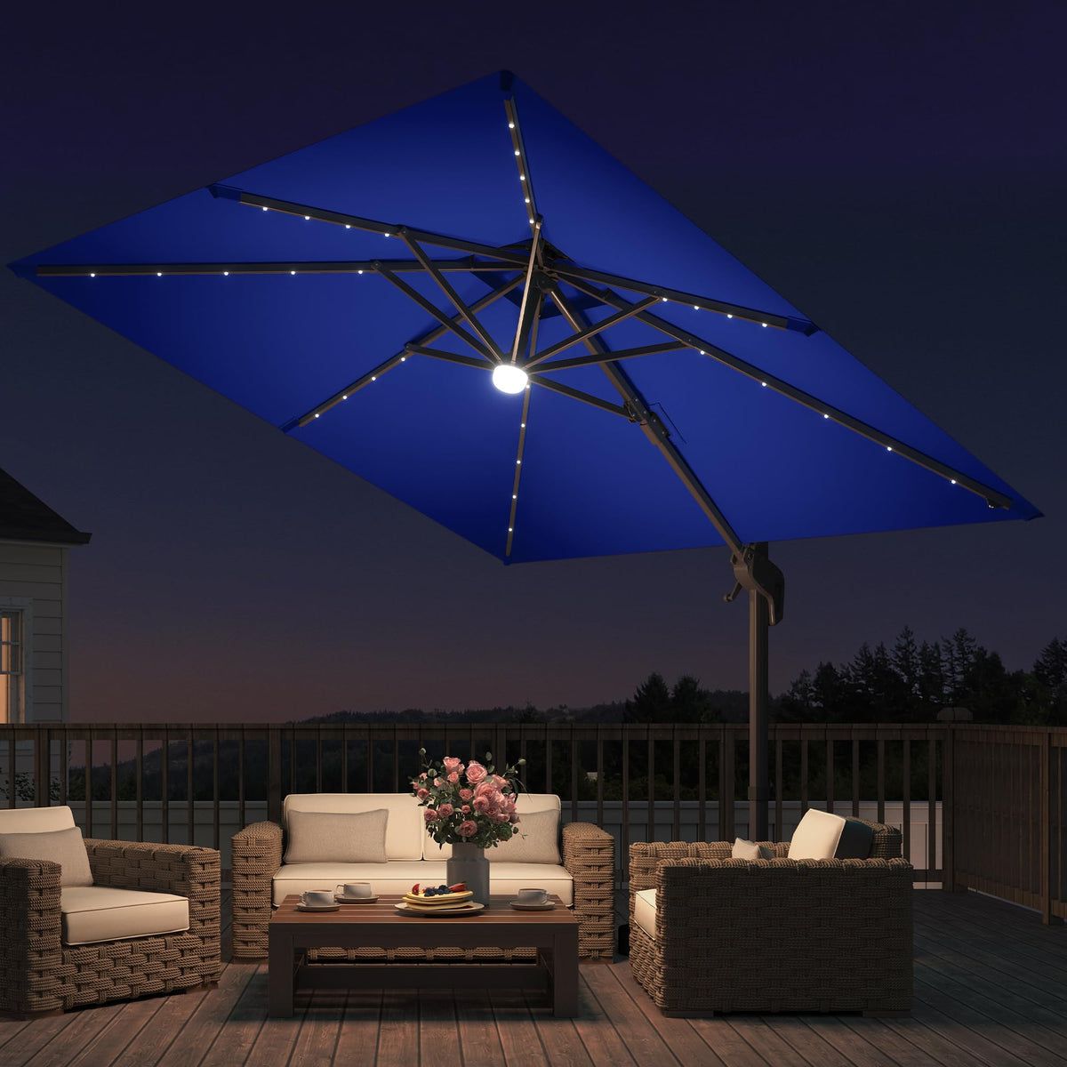 9x9 FT Cantilever Offset Patio Umbrella with Lights & Base O612955