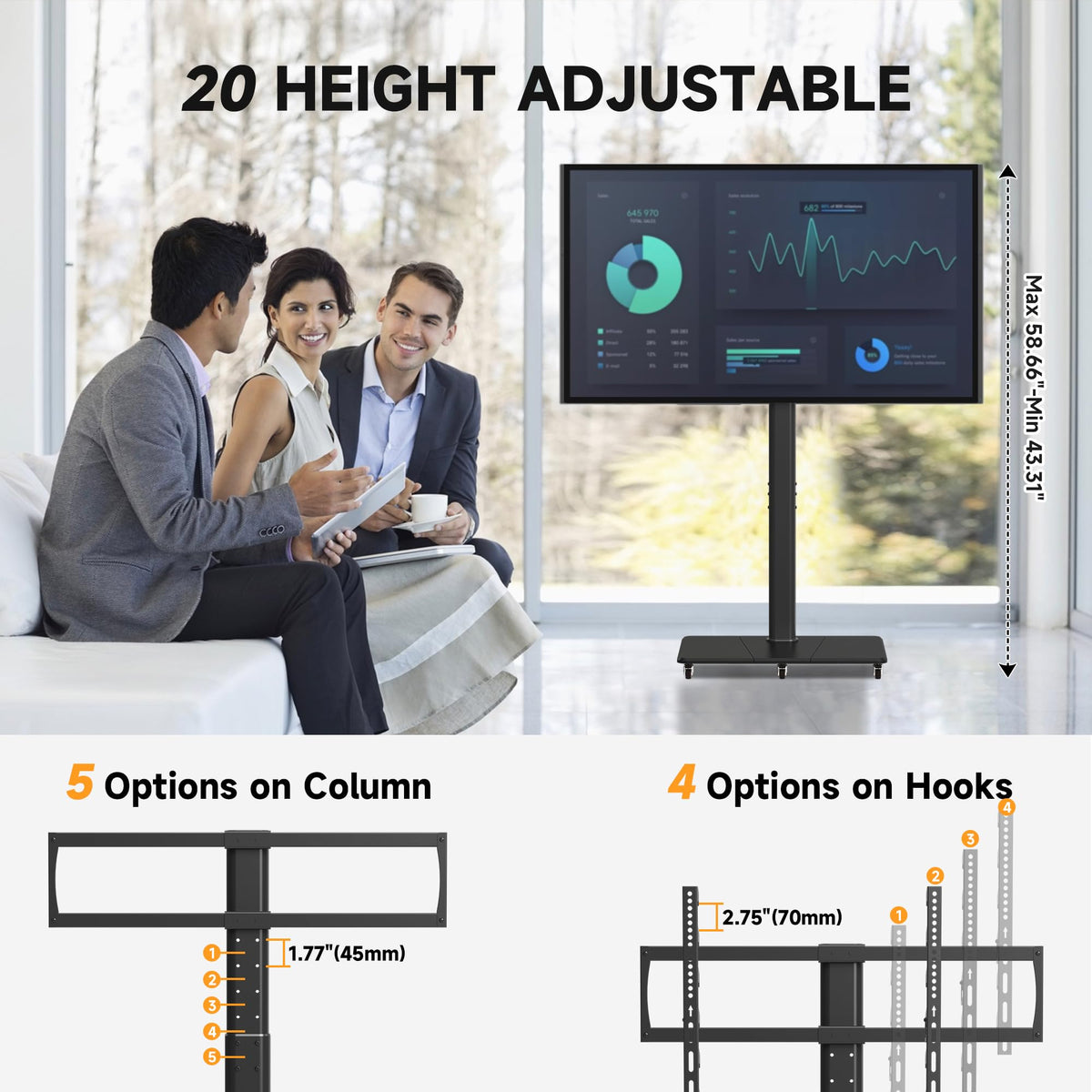 Tall Floor TV Stand for 32-75" TV with Wheels P734