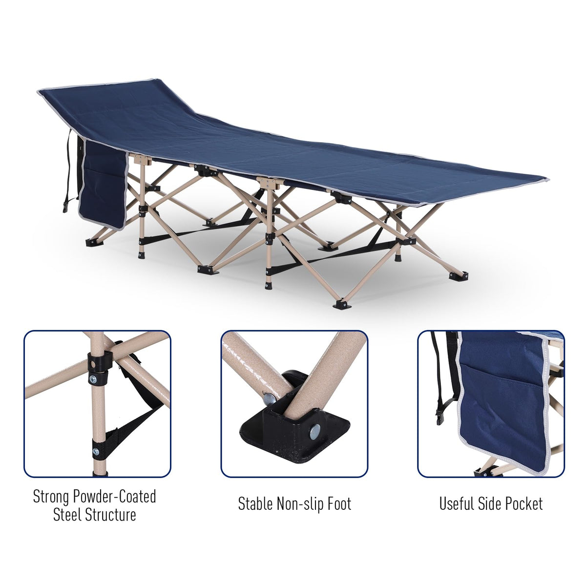Folding Camping Cot with Carry Bag, Side Pocket, Blue B60882
