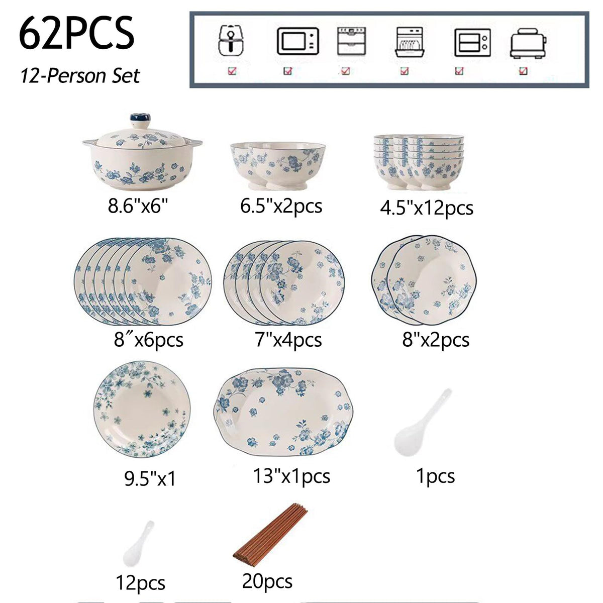 Blue Floral 62PCS Ceramic Dinnerware Set Z47144