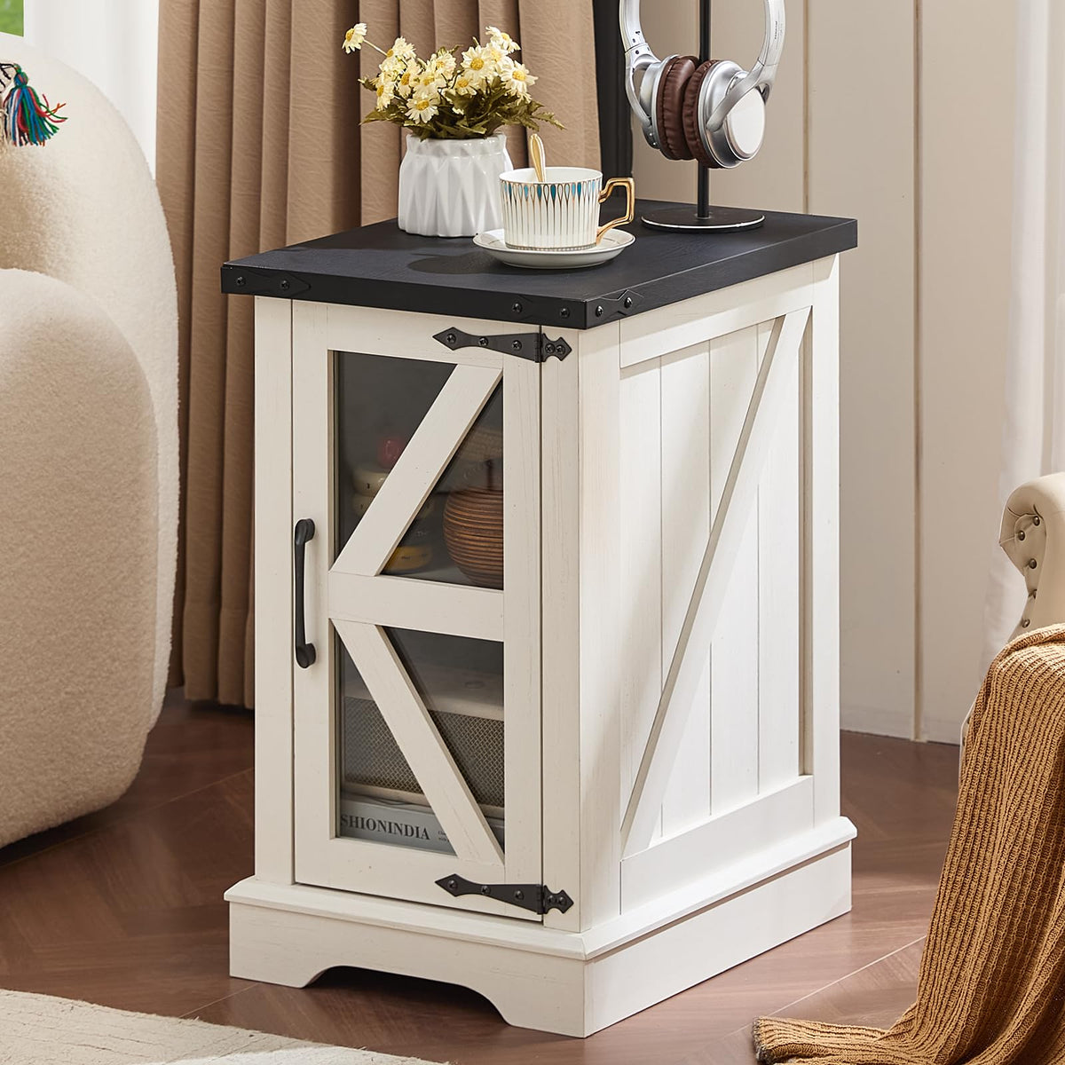 Narrow Night Stand with Glass Barn Door A99981