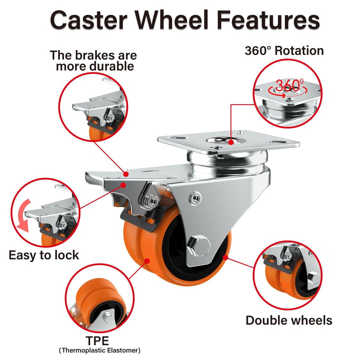 2" Double Wheel Casters with Brake 4 Pack O350