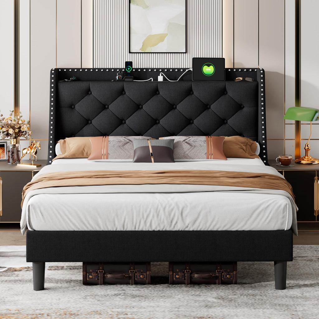 Queen Upholstered Platform Bed with Storage Headboard, Black N325
