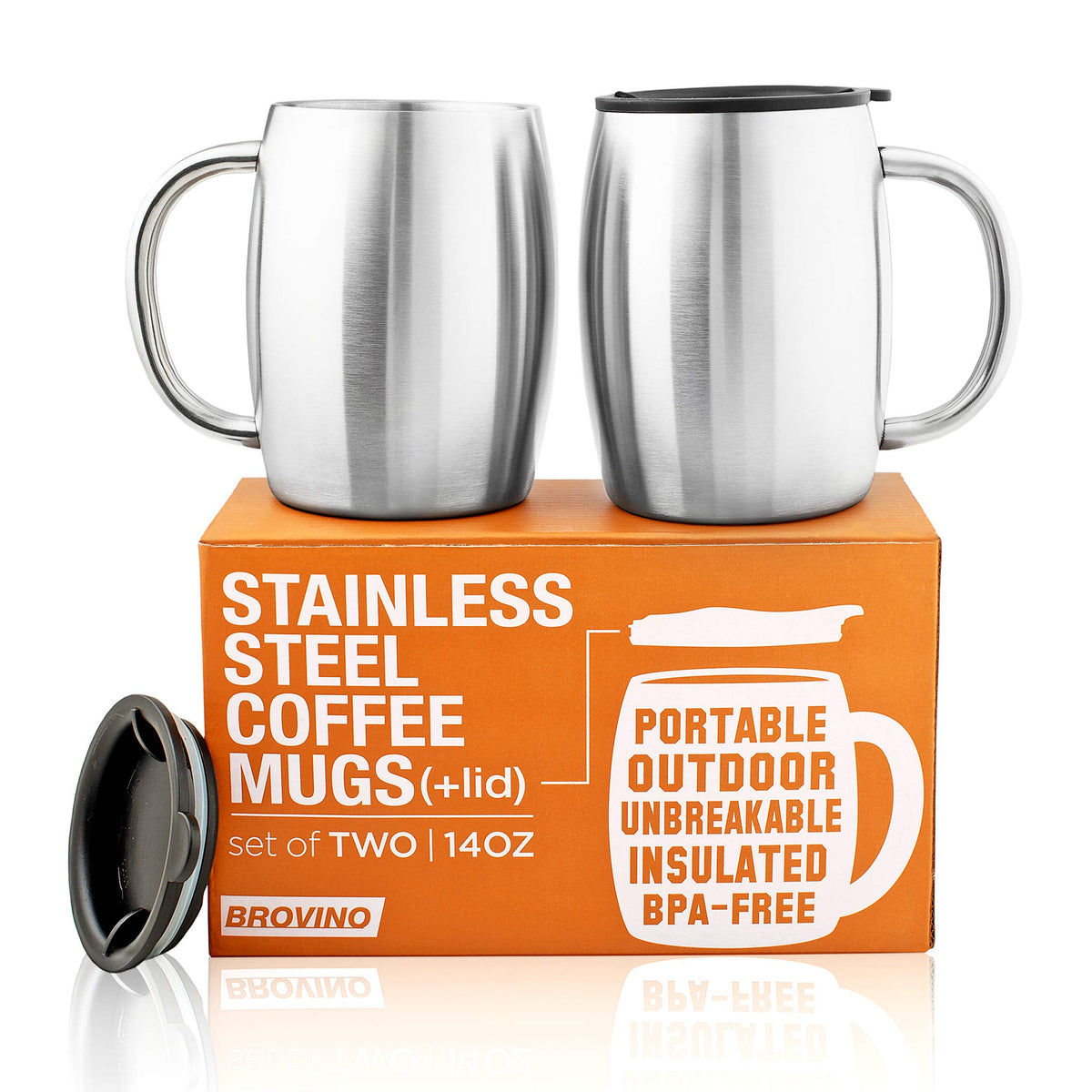 Stainless Steel 14 oz Double Walled Coffee Mugs Set of 2 with Lid & Handle F40001