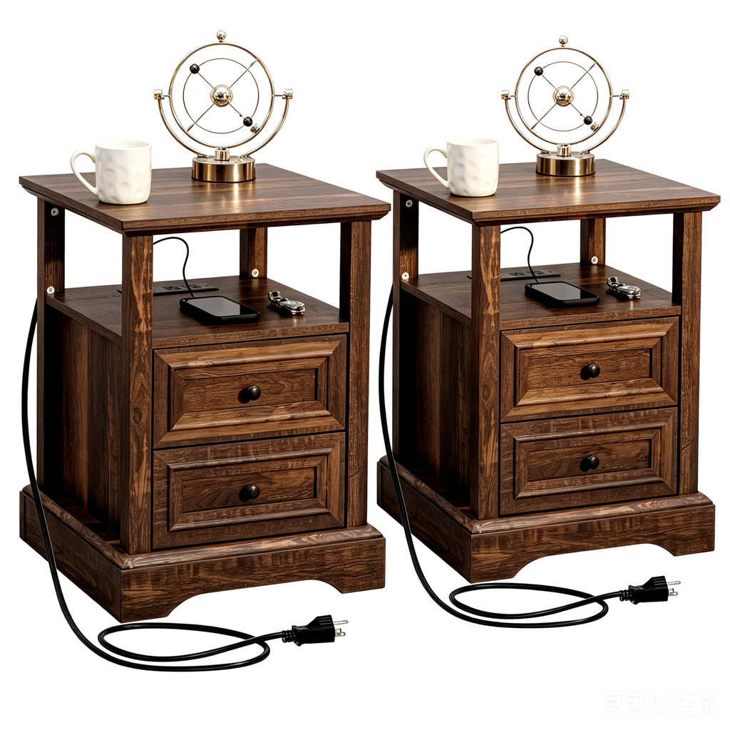 24" Tall Nightstand Set of 2 with Charging Station, 2 Drawers I868