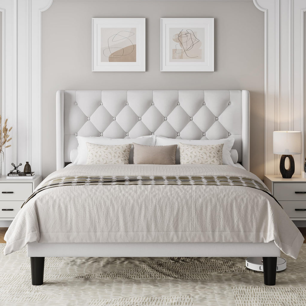 Queen Size Velvet Upholstered Platform Bed Frame with Wingback Headboard Y477