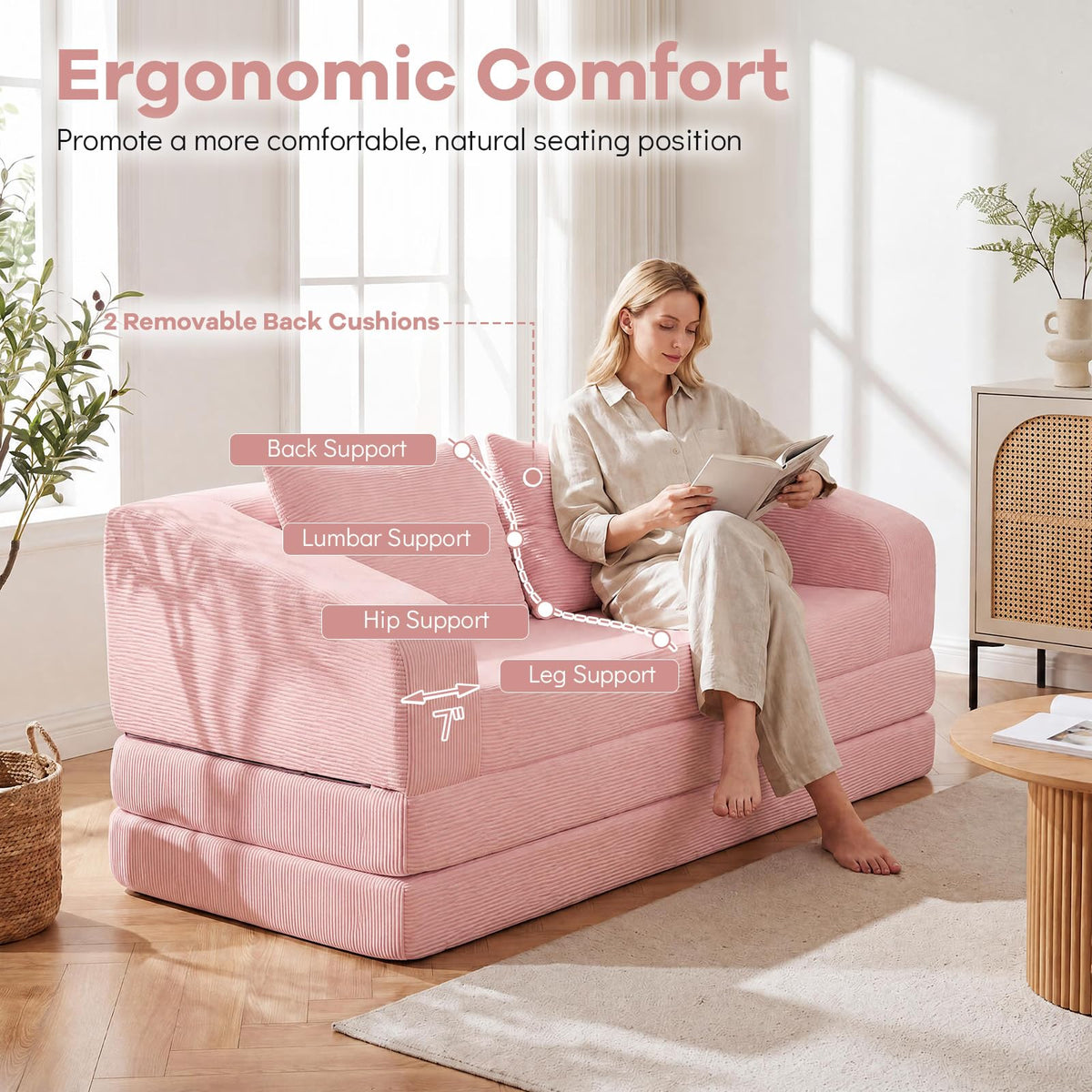 61" Pink Convertible Futon Sofa Bed F34655