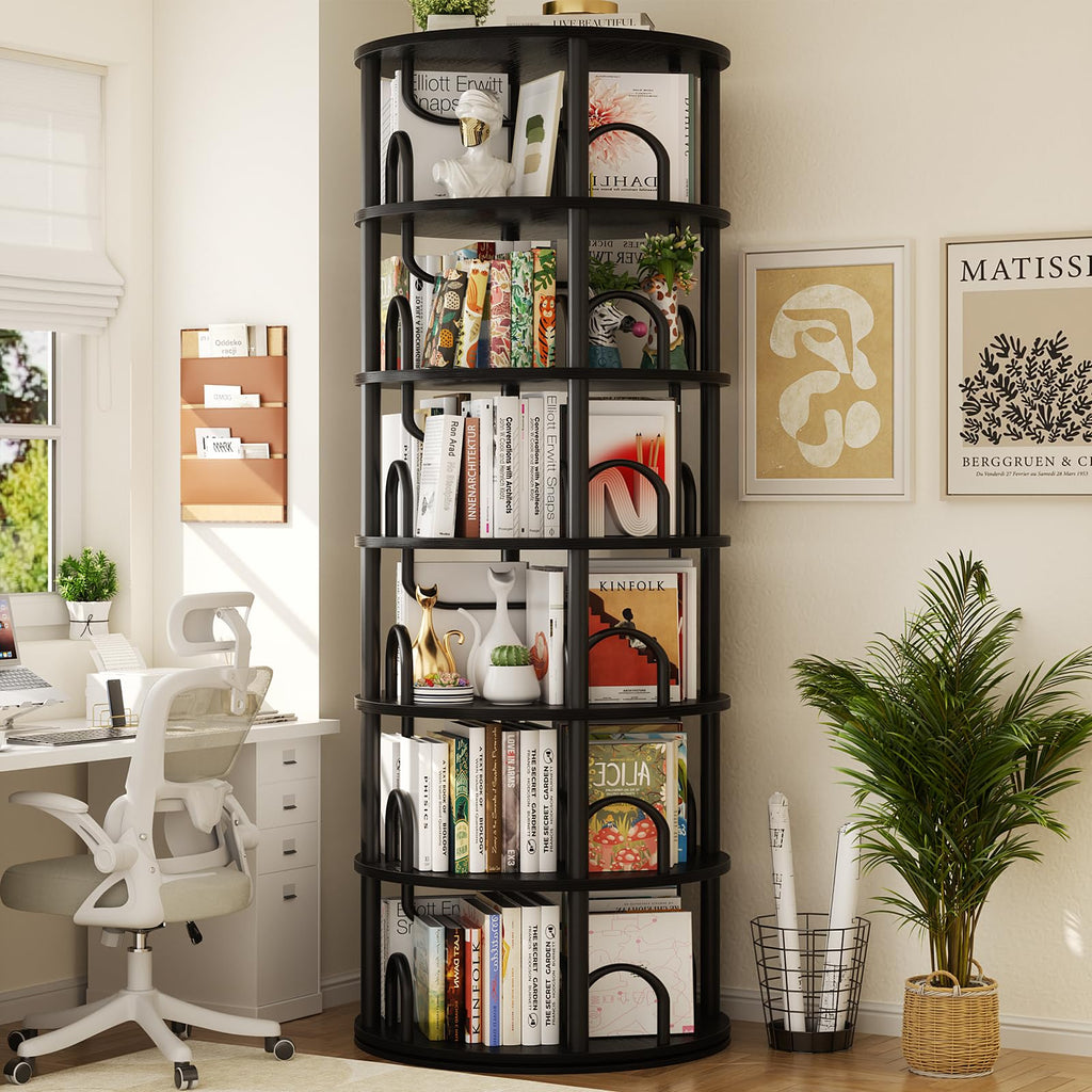 6 Tier Rotating Bookshelf Tower Black S651905