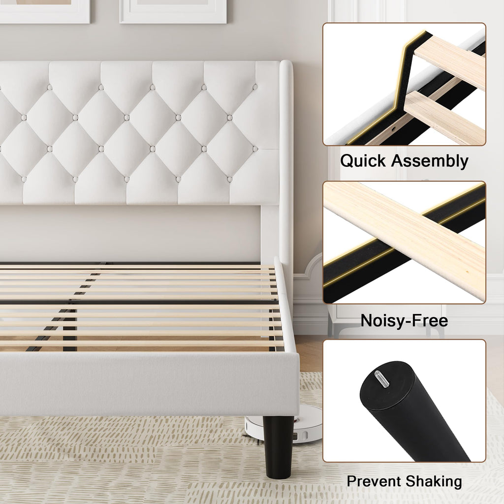 Queen Size Velvet Upholstered Platform Bed Frame with Wingback Headboard Y477