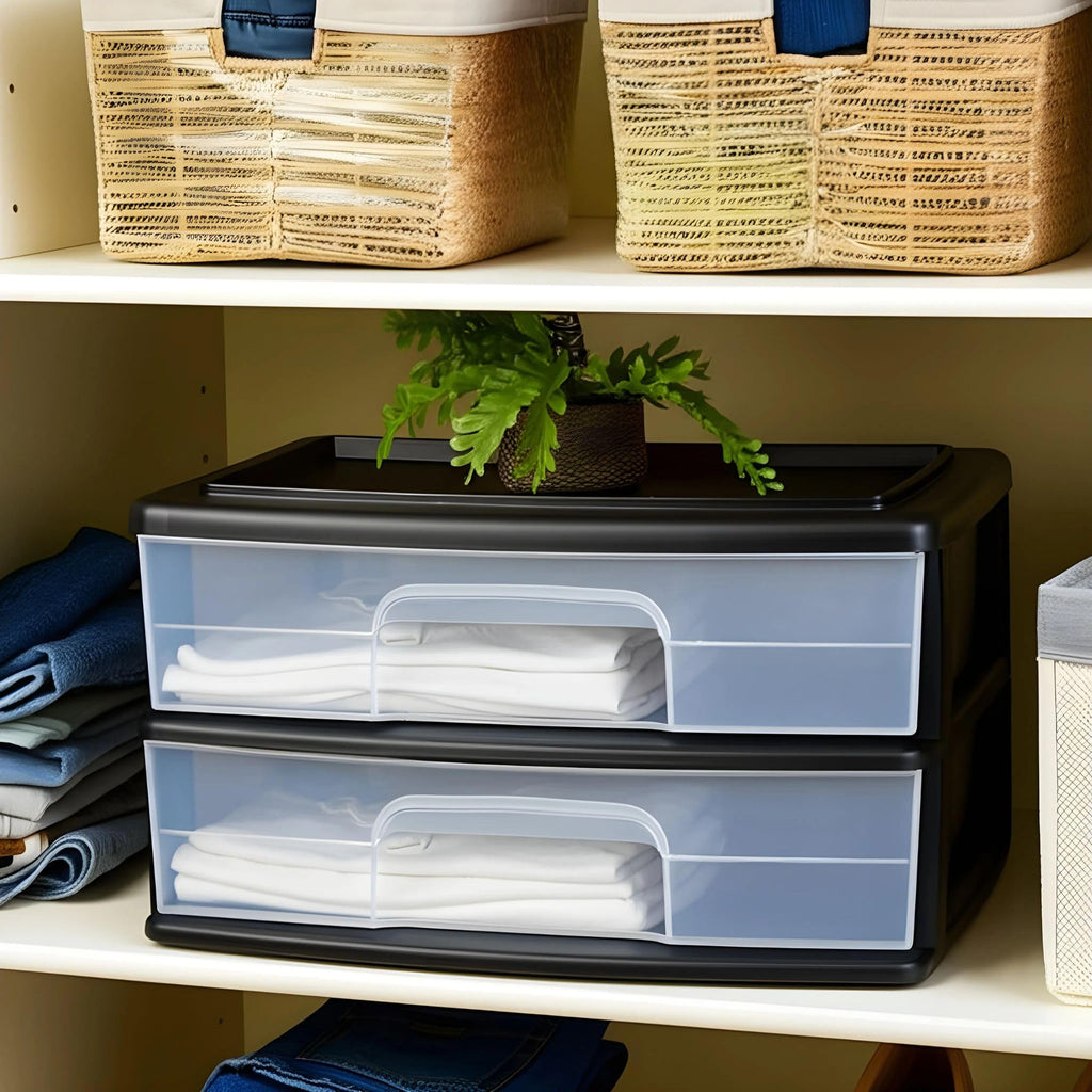 2-Tier Black Storage Drawer Tower, 2 Pack Y3467
