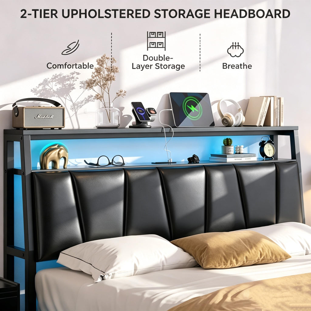 Queen Bed Frame with Storage Headboard and 2 Drawers Q41489