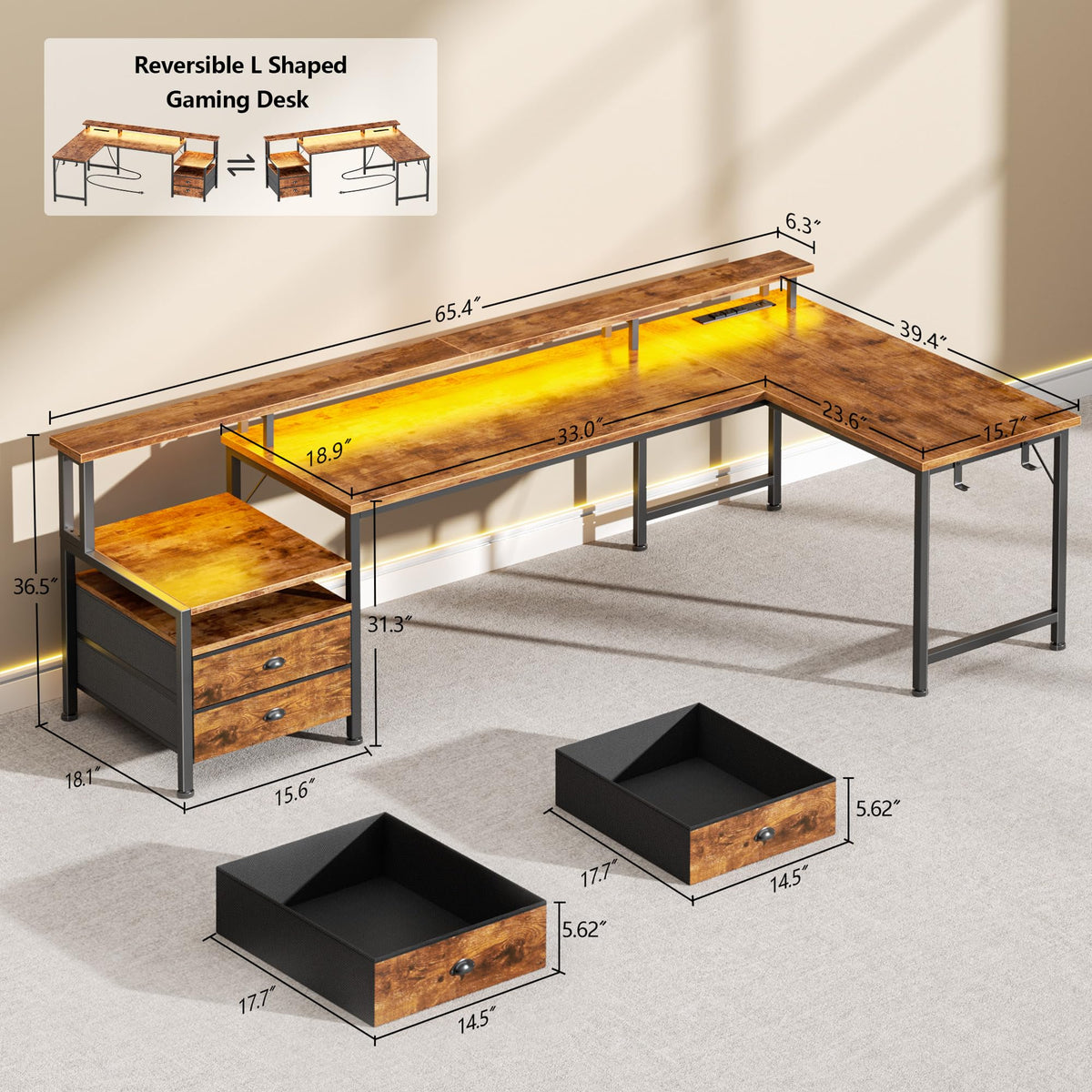 66'' L Shaped Computer Desk with Storage Drawers H1227