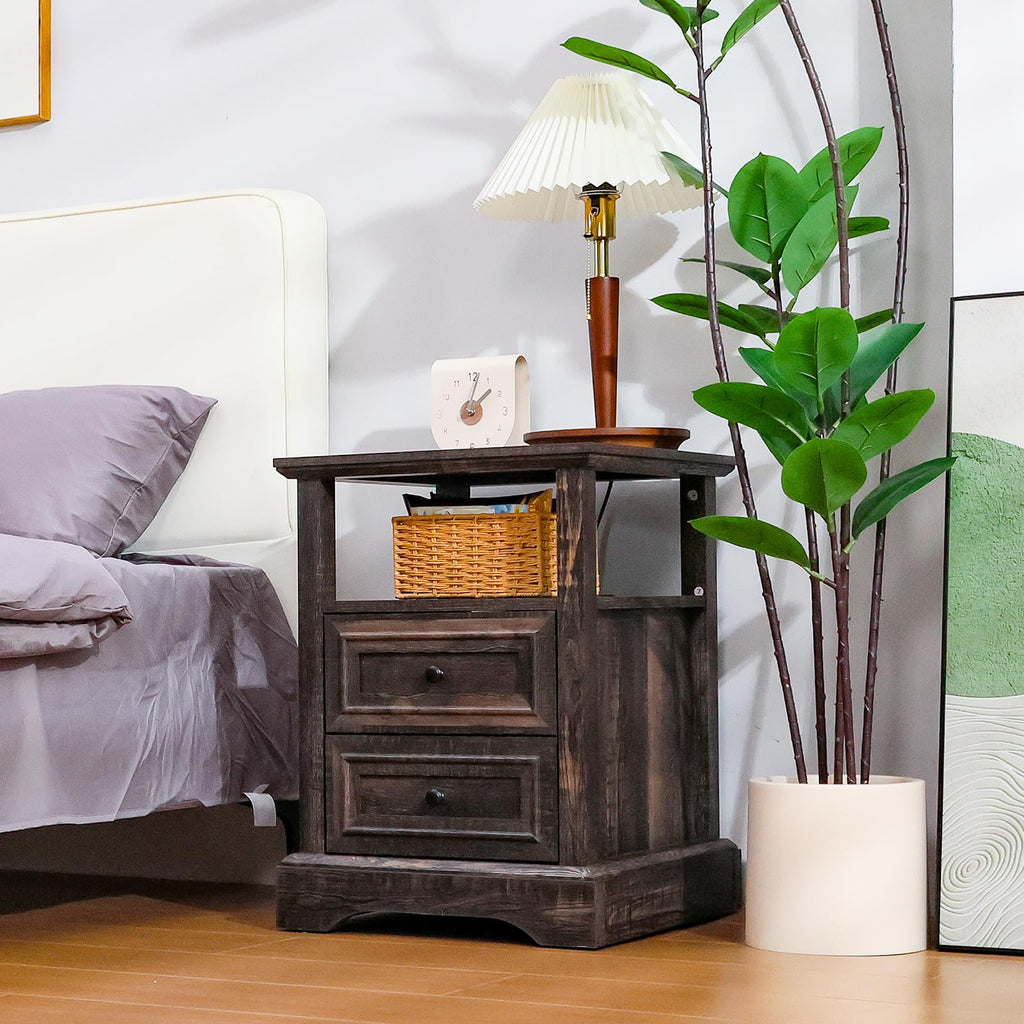 24" Tall Nightstand Set of 2 with Charging Station, 2 Drawers I868