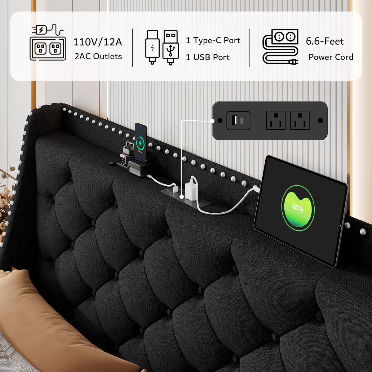 Queen Upholstered Platform Bed with Storage Headboard, Black N325