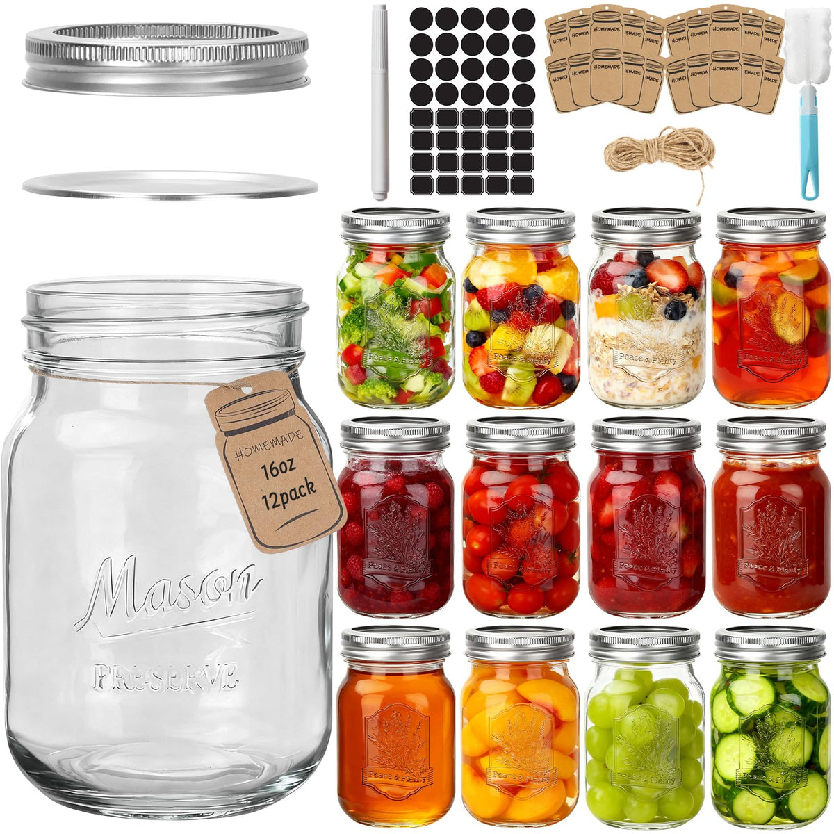 16oz 12 Pack Mason Jars with Airtight Lids A861080