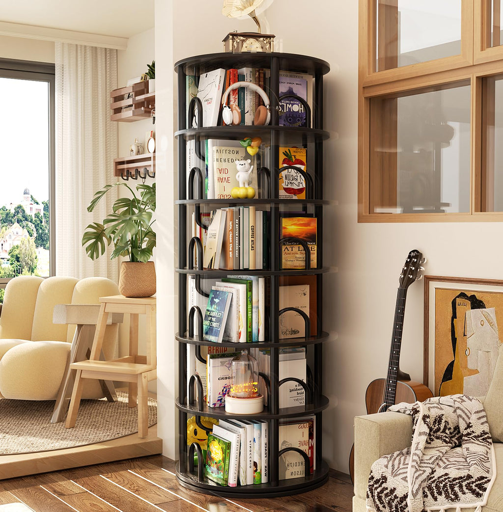 6 Tier Rotating Bookshelf Tower Black S651905