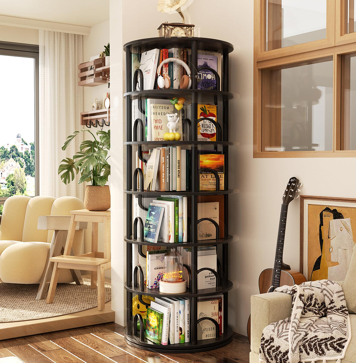 6 Tier Rotating Bookshelf Tower Black S651905